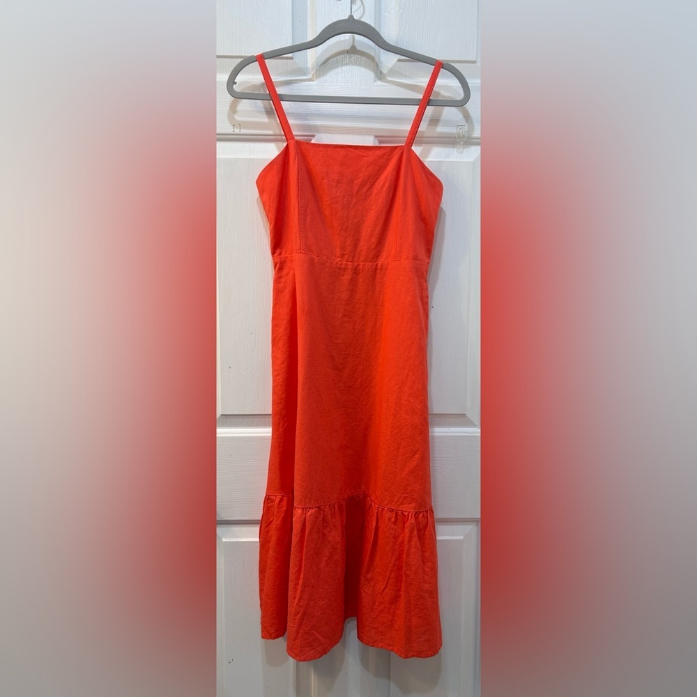 GAP Linen Cotton Cami Aline Midi Dress Sz‎ 2 Petite Strappy Fire Coral Pockets